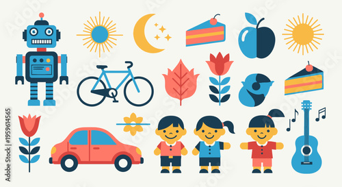 Colorful Kids Flat Vector Icon Set with Robot, Children, Transport, Food and Nature Elements for Education, School, and Infographic Design