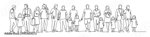 A seamless one line depiction of diverse individuals and families standing side by side, symbolizing unity and community for various social and demographic purposes.