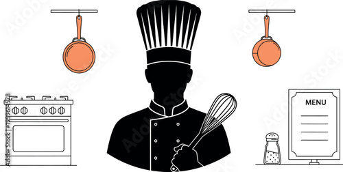 Chef, kitchen icons, cooking symbols, restaurant graphics, vector illustrations