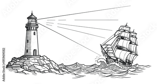 Coastal lighthouse projecting a guiding light across the stormy ocean towards a majestic sailing ship navigating rough waves, perfect for maritime adventure publications or historical