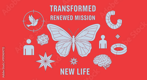 Transformed Renewed Mission and New Life Conceptual Illustration with Butterfly and Symbolic Icons on Red Background