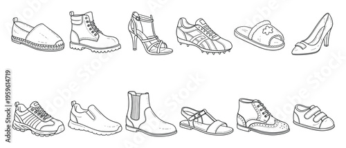 A comprehensive collection of diverse footwear styles, including espadrilles, boots, high heels, slippers, and sneakers, ideal for clothing retailers, lifestyle publications, and apparel