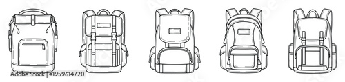 Collection of diverse hand drawn backpack sketches in various styles perfect for travel, outdoor adventures, school supplies, and everyday utility projects