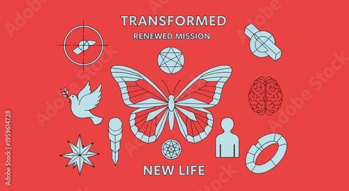 Conceptual Illustration of Personal Transformation and Renewal with Butterfly, Brain, and Peace Dove Icons on Red Background