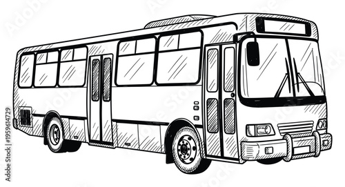 Stylized hand drawn drawing of a municipal passenger bus in black and white, perfect for educational materials, journey planning, or city life themes.