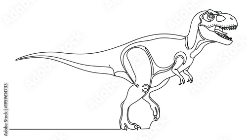 Dynamic continuous line drawing of a powerful roaring tyrannosaurus rex dinosaur, perfect for educational materials, childrens books, or scientific presentations