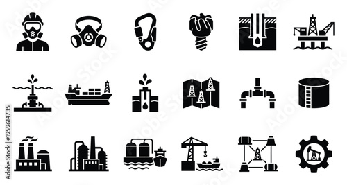 Comprehensive collection of oil and gas industry and safety icons for illustrating energy production, exploration, transportation, refining processes, and worker safety requirements