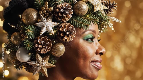 Woman with elaborate christmas headpiece of pine cones and ornaments
