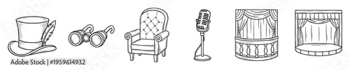 A complete vintage performance set featuring a dapper top hat, opera glasses, a grand armchair, a classic microphone, and theatrical stages, perfect for entertainment event graphics and