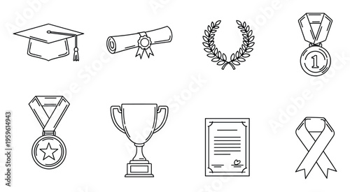 Academic graduation and achievement icons including a cap, diploma, medal, trophy, and certificate, perfect for educational materials, recognition programs, and success celebrations