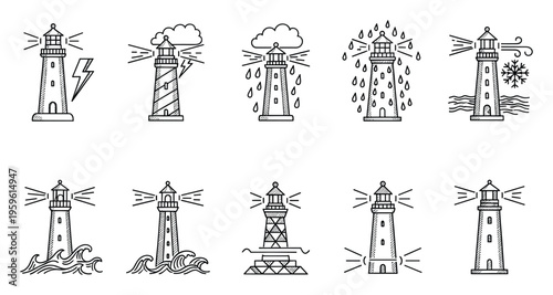 Set of lighthouse icons depicting various weather conditions and maritime themes perfect for web graphics infographics and educational resources