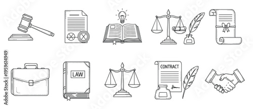 Comprehensive collection of law and justice symbols featuring gavels, scales, contracts, and books, perfect for legal firm branding, educational content, and professional presentations.