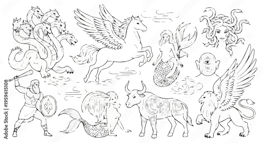 Obraz premium A collection of mythical creatures in a minimalist line art illustration style