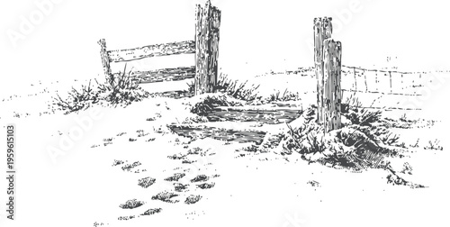 Rustic wooden gate and fence posts with footprints in dirt path sketch in black and white