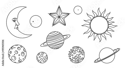 A minimalist vector illustration of the solar system with planets, sun, moon, and star