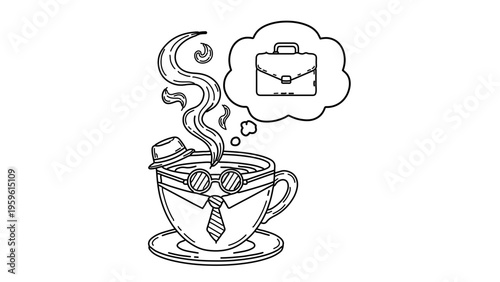 A minimalist line art illustration of a teacup with a briefcase in a thought bubble