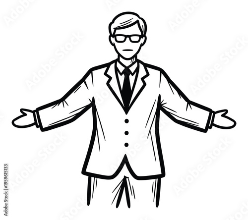 A professional man in a suit and glasses makes an openarm gesture, conveying uncertainty or presenting options, useful for business presentations, educational lessons, and general