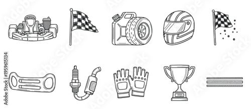 Collection of hand drawn go kart racing elements and equipment like helmet gloves trophy and flag ideal for sports related graphic resources or competition event promotions