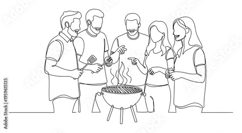 Group of cheerful friends gathered around an outdoor barbecue grill, cooking and laughing together, perfect for illustrating social events and shared happy moments.