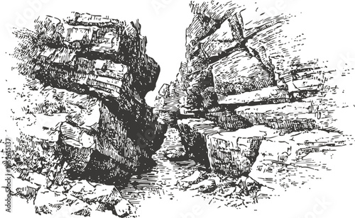 rocky narrow canyon with steep cliffs and rugged terrain detailed black ink sketch