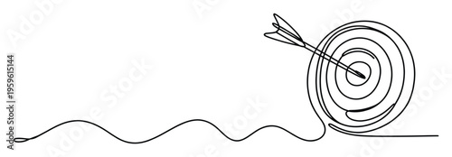 Single continuous line drawing of an archery target with an arrow striking the bullseye, representing goal setting, focus, and strategic accomplishment for corporate presentations.