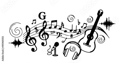 A vector graphic illustration of music notes and instruments in a minimalist design