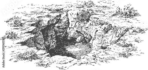 Ancient deep well with stone walls and surrounding grass in vintage sketch