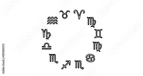 A circular vector graphic illustration of zodiac signs in a minimalist design