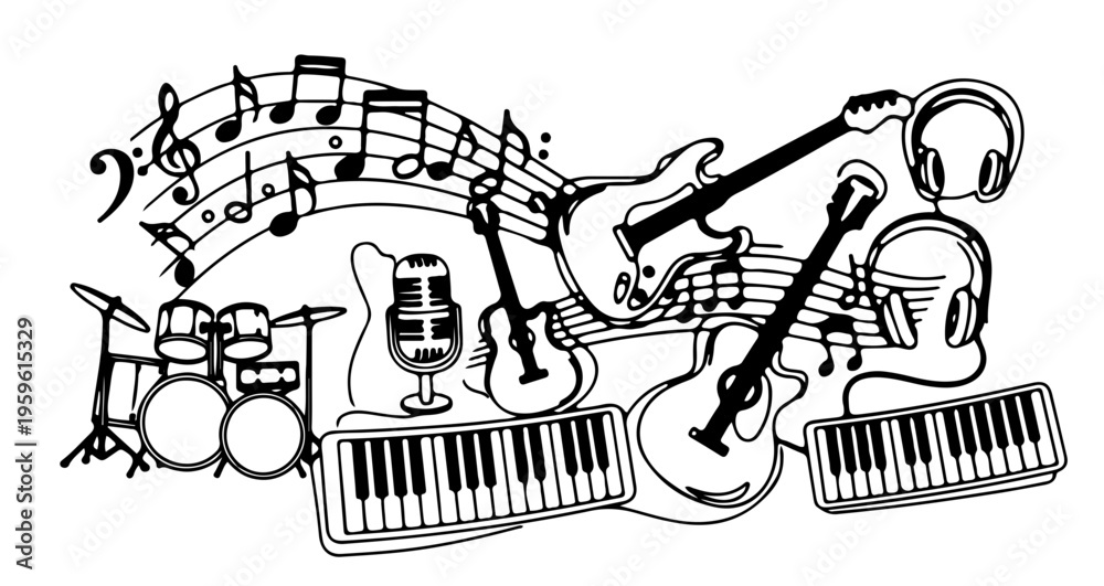 Obraz premium A vector graphic illustration of various musical instruments and notes in a flat, minimalist design style