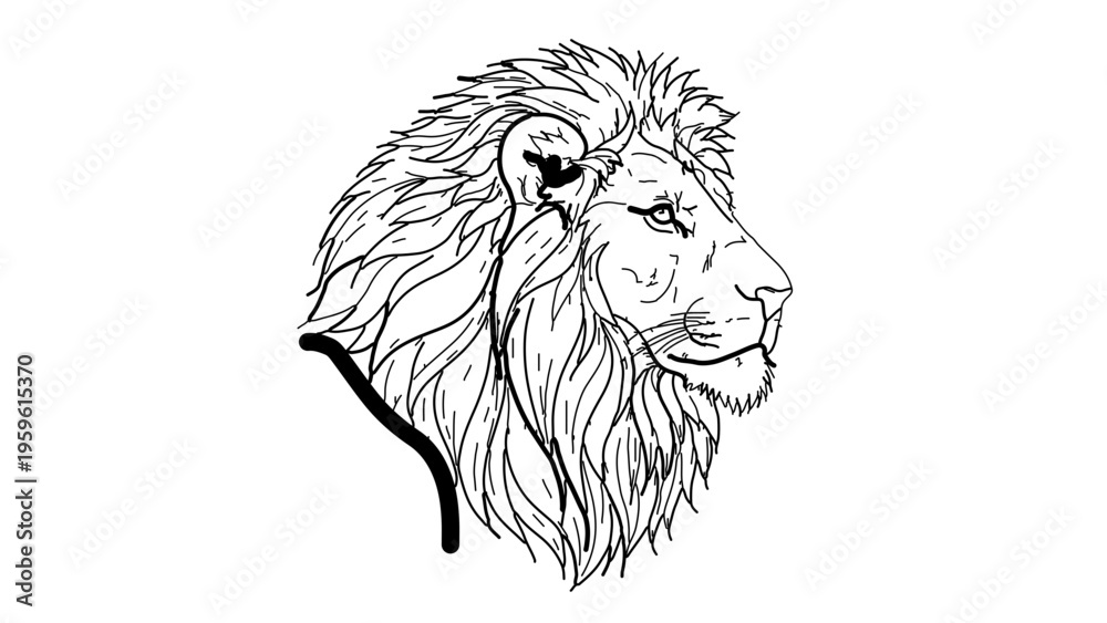 Obraz premium A minimalist vector illustration of a lion's head in profile, showcasing its majestic mane and regal expression.