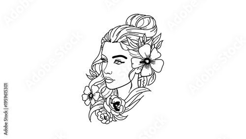 A minimalist line art illustration of a woman's head adorned with flowers and leaves