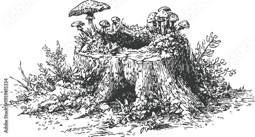 Old tree stump with mushrooms and plants growing around and on top, natural forest detail black ink drawing