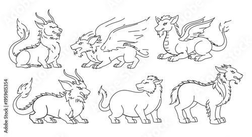 A set of seven mythical creatures in a minimalist line art style
