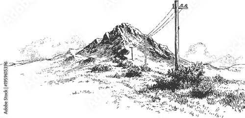 Mountain landscape with telephone poles and rural grassy path drawn in vintage