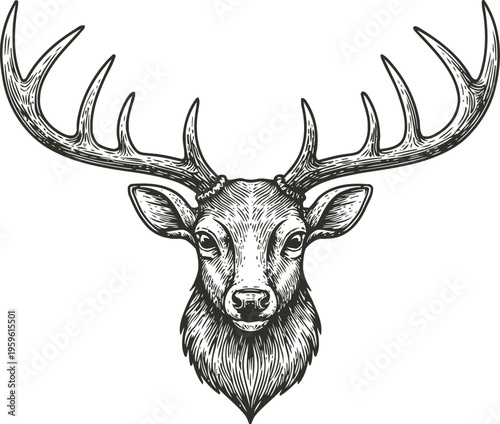 Detailed hand drawn deer head with large antlers illustration in black and white
