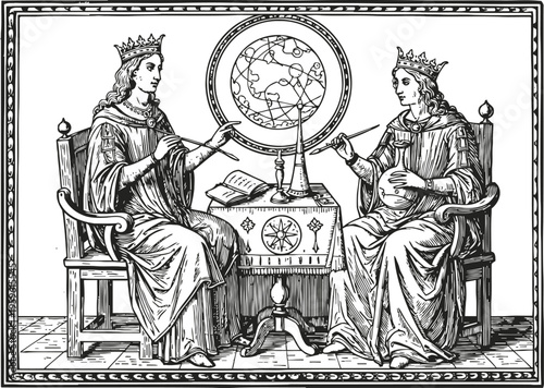 Medieval king and queen studying a celestial globe, ancient astronomy and royal knowledge illustration