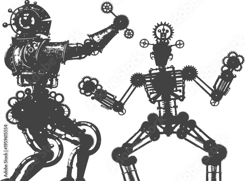 two mechanical robots made of gears and cogs, steampunk robot silhouettes in motion
