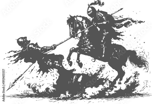 Medieval knight jousting battle on horse with lance, historic warrior tournament combat scene