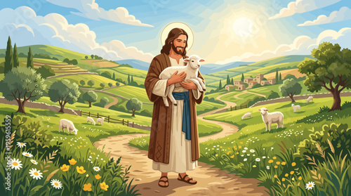 Jesus Christ Holding a Lamb in a Pastoral Setting.
