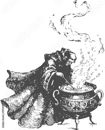 Mysterious wizard casting magic spell over steaming cauldron with swirling smoke and mystical energy