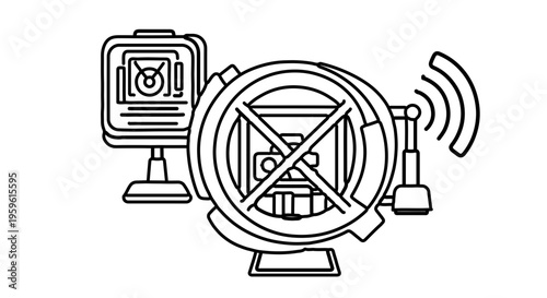 A vector graphic illustration of a security camera with a prohibition sign indicating surveillance restriction