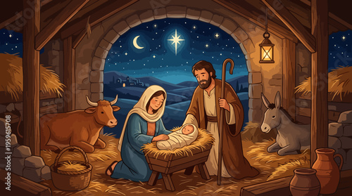 Nativity Scene with Mary Joseph Baby Jesus Manger Animals Star.