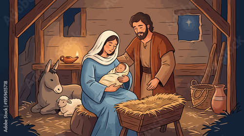 Nativity Scene with Mary, Joseph, and Baby Jesus in a Manger.