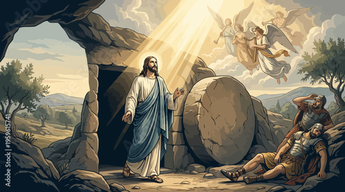 Jesus Christ Rises from Tomb in Glorious Resurrection Scene.
