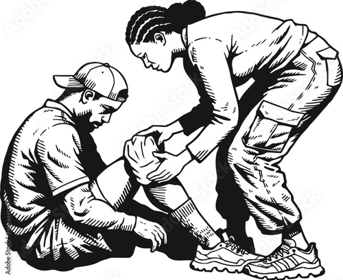 Helping injured man with knee pain support and care for injury, friendship and assistance concept