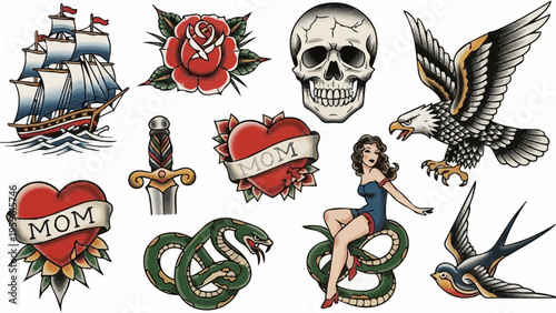 A collection of traditional tattoo designs including hearts, skulls, and nautical symbols in a classic American style