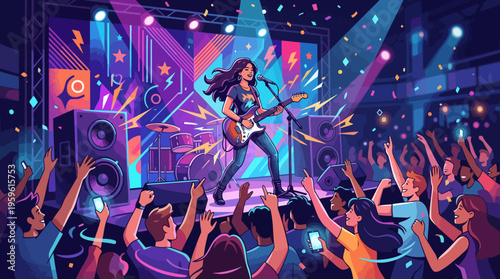 Female guitarist performing live on stage at a vibrant music concert.