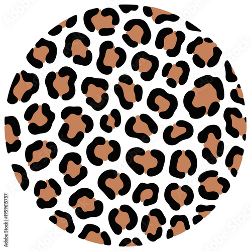 A vibrant leopard print pattern on a circular white background with black and orange spots