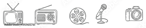 Collection of classic media and communication devices presented as simple line graphics perfect for depicting broadcasting, recording, and entertainment history in various visual projects