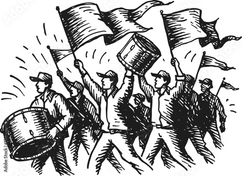 protest march with people carrying flags and beating drums, demonstration for unity and activism